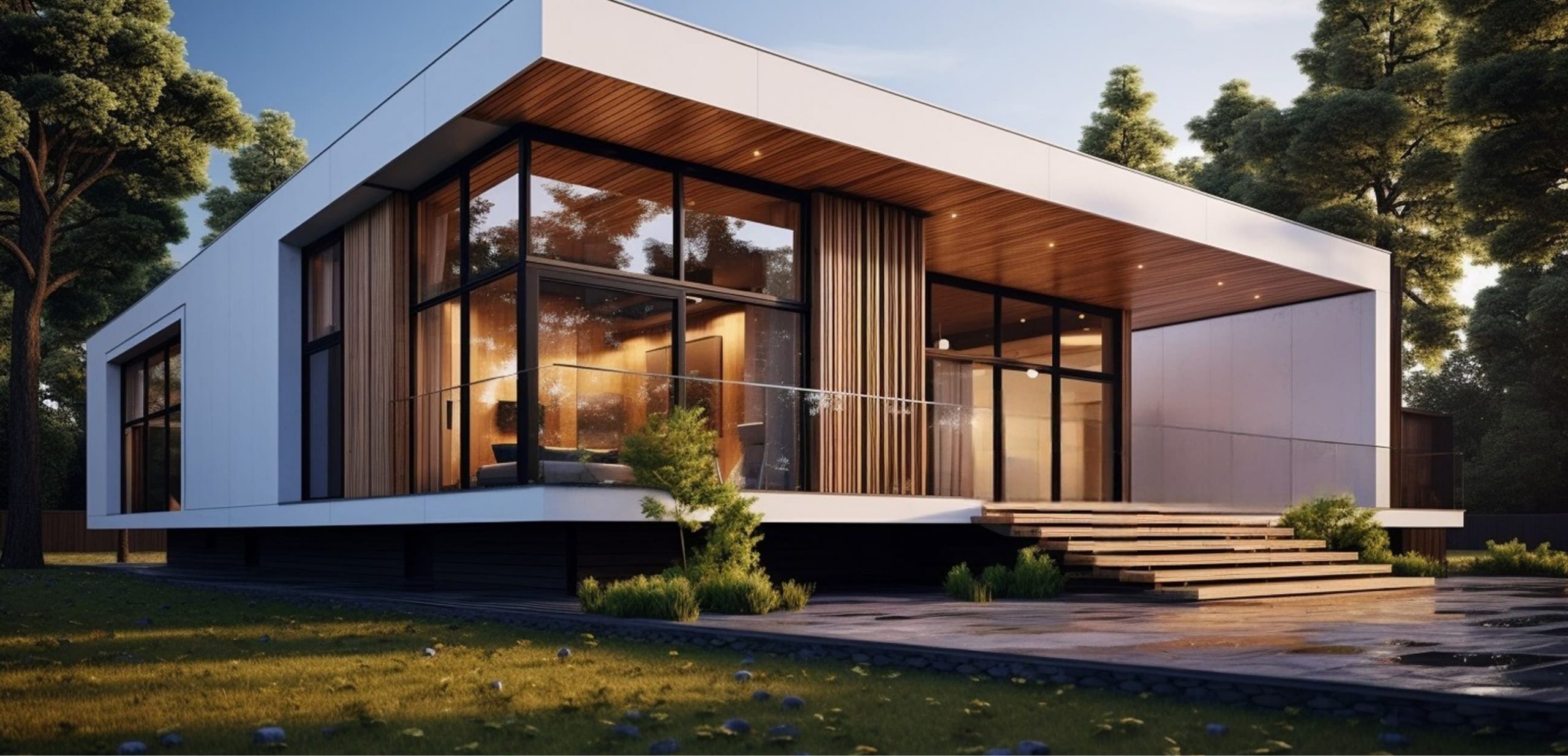 Es una foto decorativa de una casa moderna de lujo, con grandes ventanales de suelo a techo.